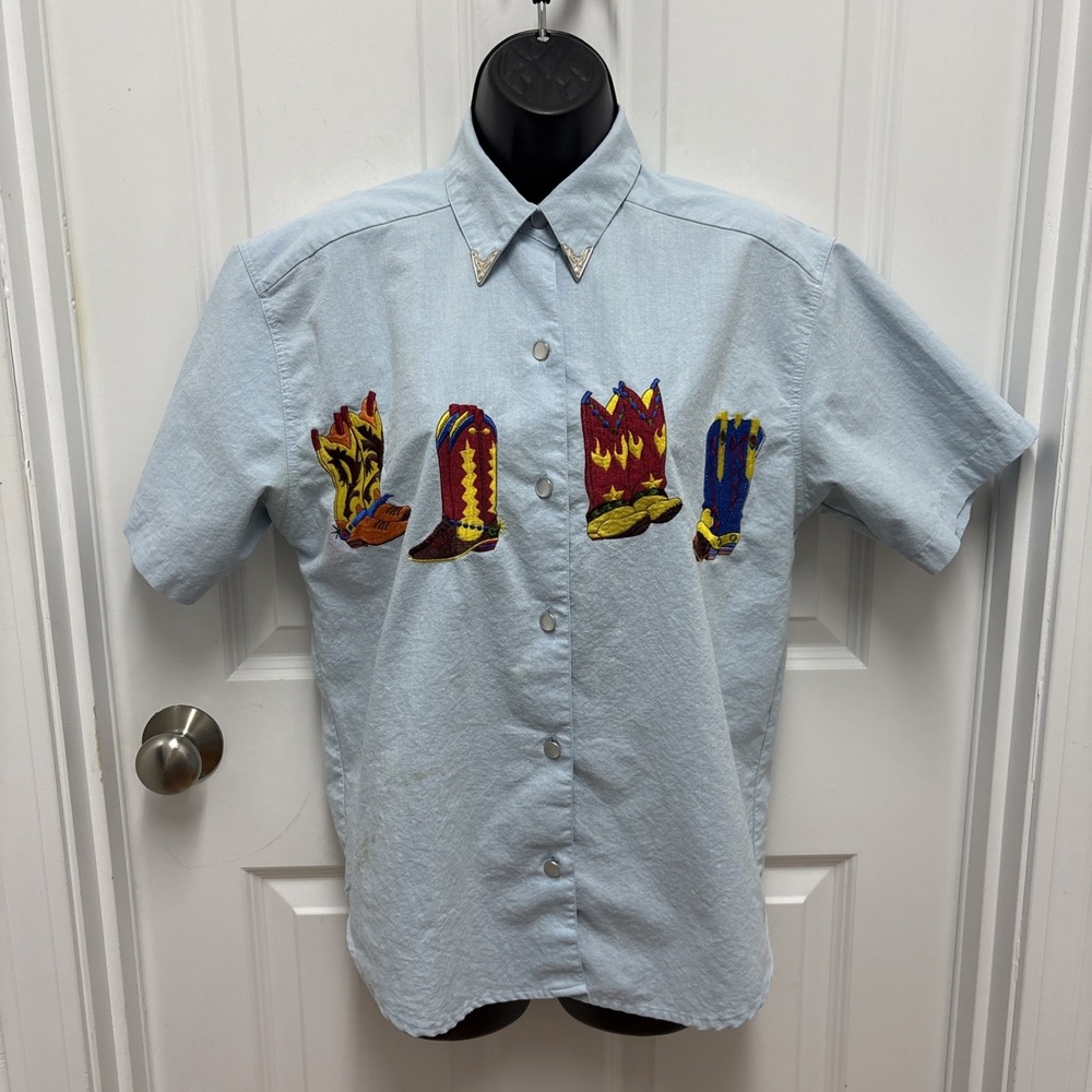 Vintage Western Cowboy Boots Graphic Embroidered Short Sleeve Button Down- Small